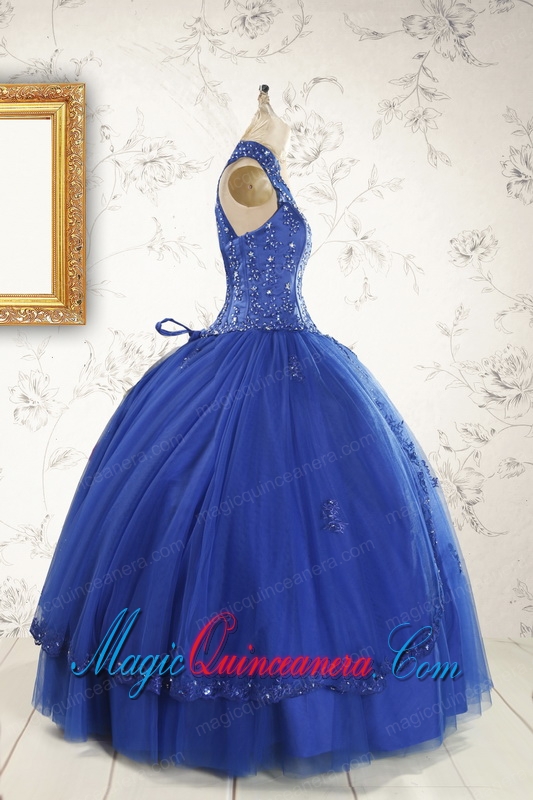 2015 HalterTop Appliques and Beading Dresses For 15 in Royal Blue