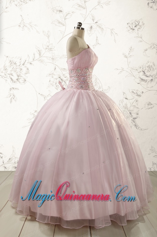 2015 One Shoulder Beading Light Pink Quinceanera Dresses