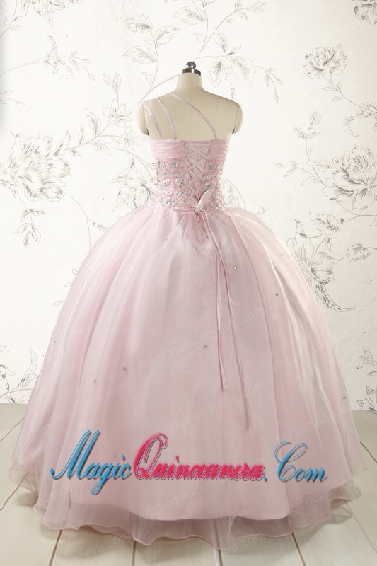 2015 One Shoulder Beading Light Pink Quinceanera Dresses