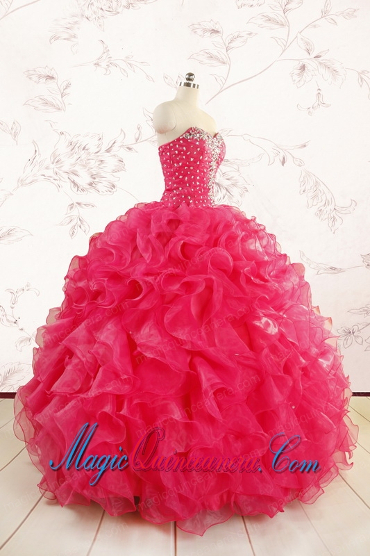 2015 Pretty Beading Sweet 15 Dresses in Hot Pink