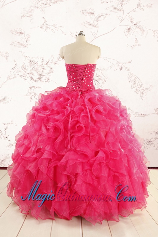 2015 Pretty Beading Sweet 15 Dresses in Hot Pink