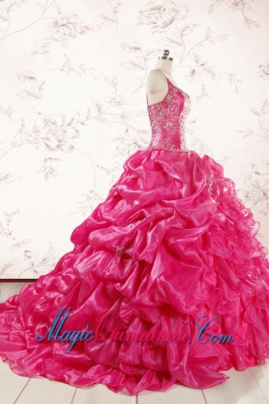 2015 Unique Beading Hot Pink Quinceanera Dresses with Spaghetti Straps