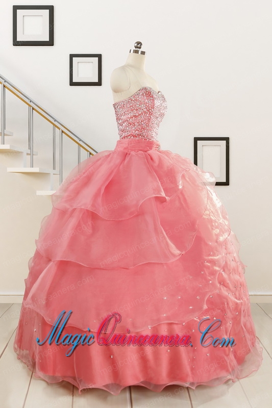 Watermelon Sweetheart Beading Appliques Ball Gown Sweet 16 Dresses