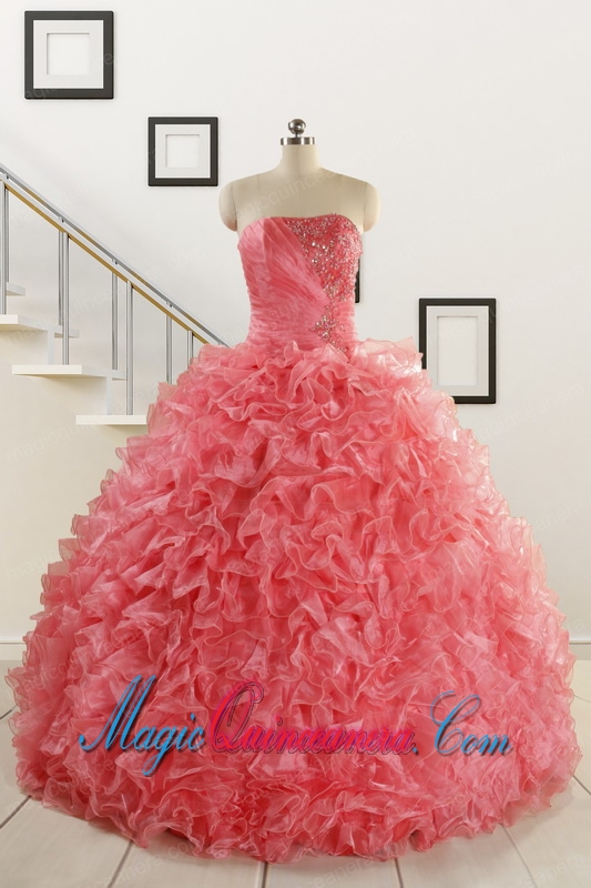 2015 New Arrival Watermelon Red Sweet 15 Dress with Beading