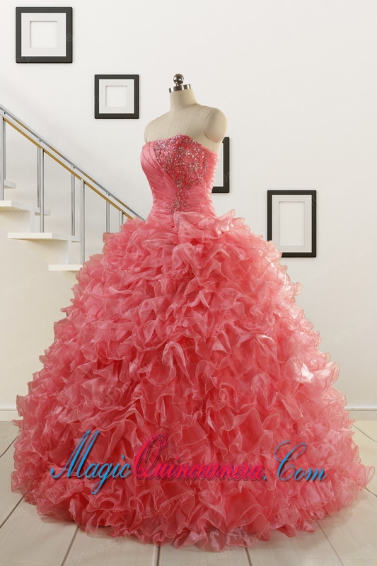 2015 New Arrival Watermelon Red Sweet 15 Dress with Beading