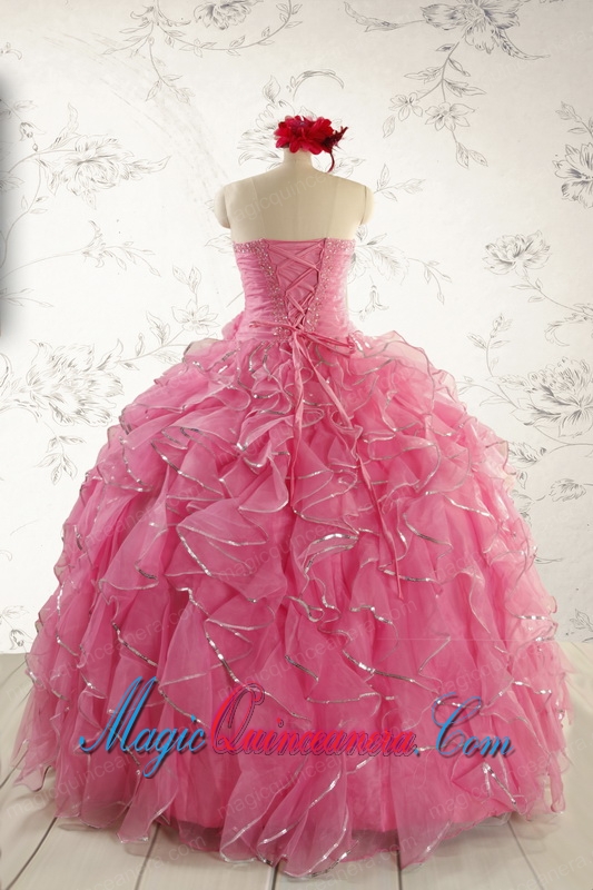 2015 Pretty Beading Quinceanera Dresses in Rose Pink