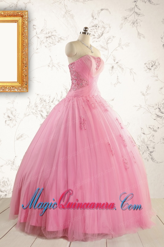 2015 Pretty Pink Quinceaneras Dresses with Appliques and Beading