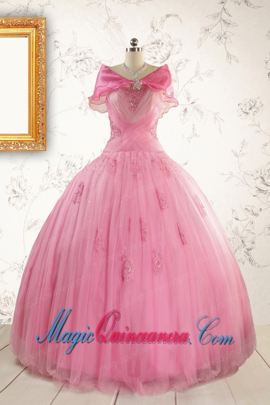 2015 Pretty Pink Quinceaneras Dresses with Appliques and Beading