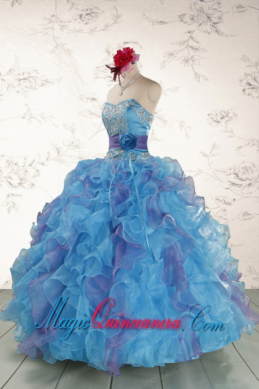 2015 Pretty Strapless Appliques and Ruffles QuinceDress in Multi Color