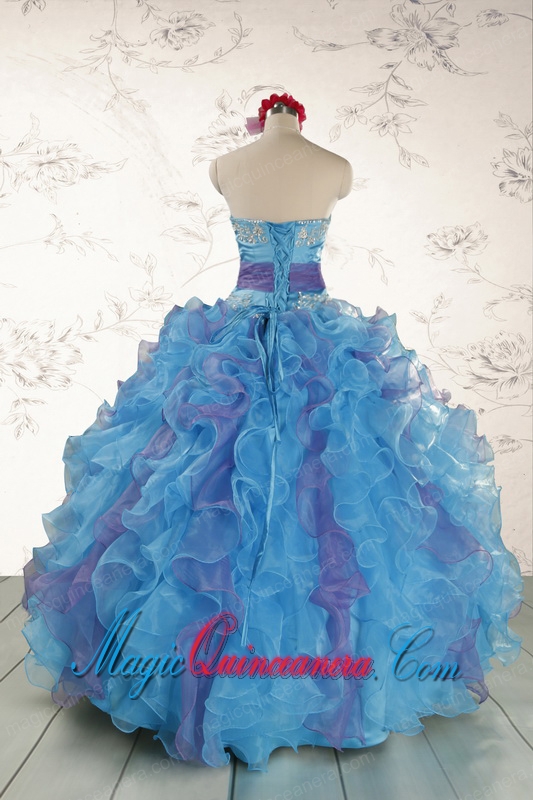 2015 Pretty Strapless Appliques and Ruffles QuinceDress in Multi Color