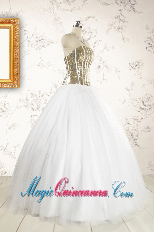 2015 The Super Hot Tulle Strapless Sequins White Quinceanera Dresses