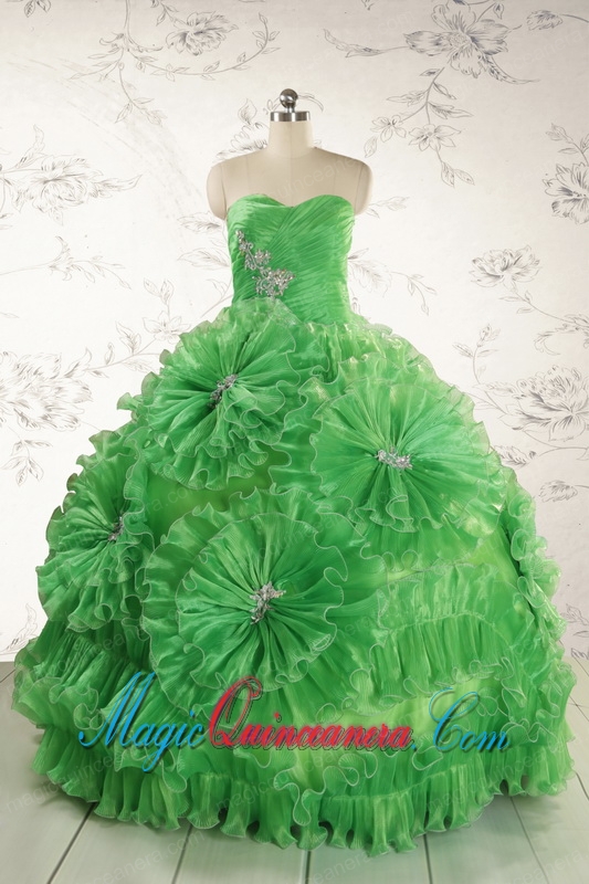 Classical Green Quinceanera Dresses with Appliques and Ruffles for 2015