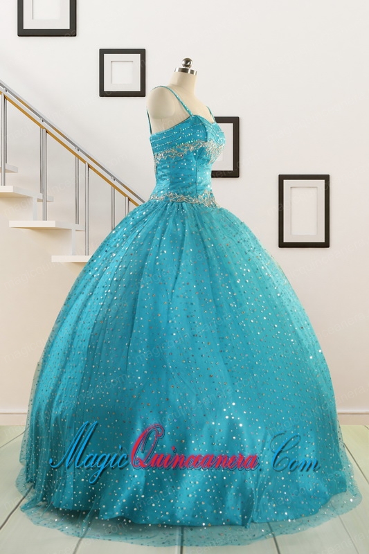 Perfect Spaghetti Straps Appliques Sequins Turquoise Quinceanera Dresses for 2015