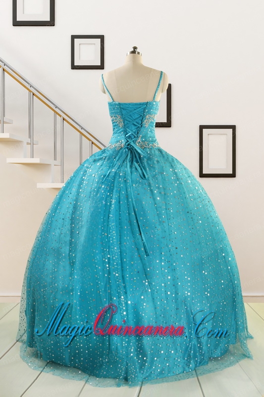 Perfect Spaghetti Straps Appliques Sequins Turquoise Quinceanera Dresses for 2015