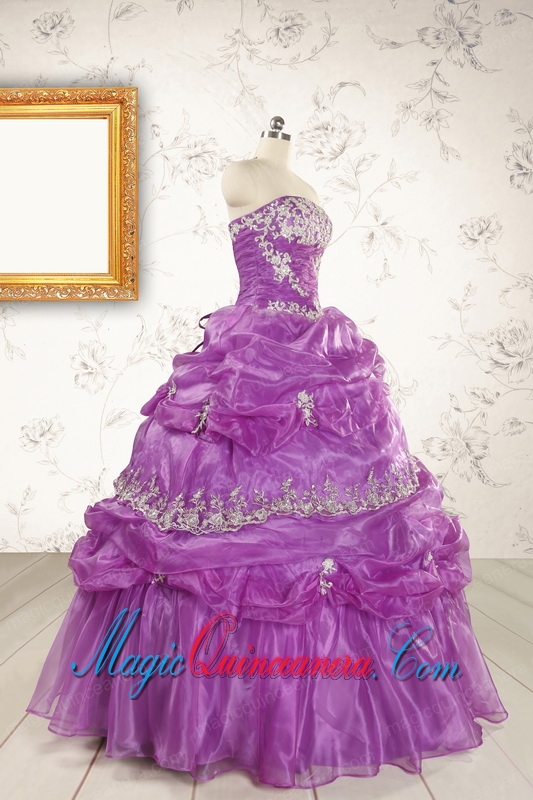 Pretty Strapless Lilac Quinceanera Dresses with Appliques for 2015