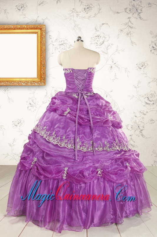 Pretty Strapless Lilac Quinceanera Dresses with Appliques for 2015