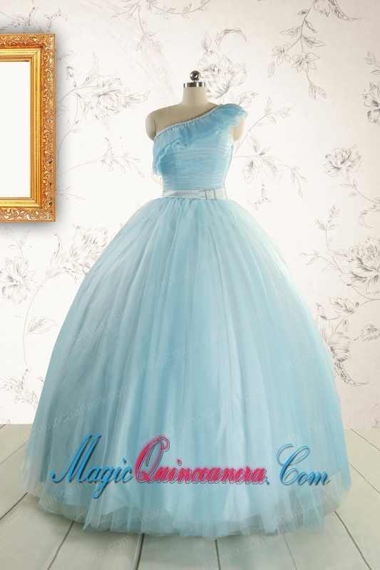 Romantic One Shoulder Light Blue Quinceanera Dress for 2015