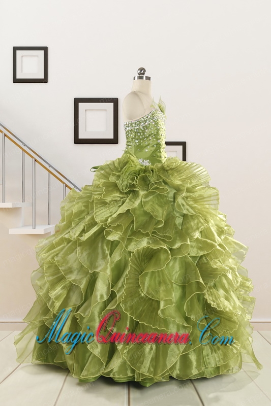 Inexpensive Olive Green Dresses for Quince with Beading and Ruffles