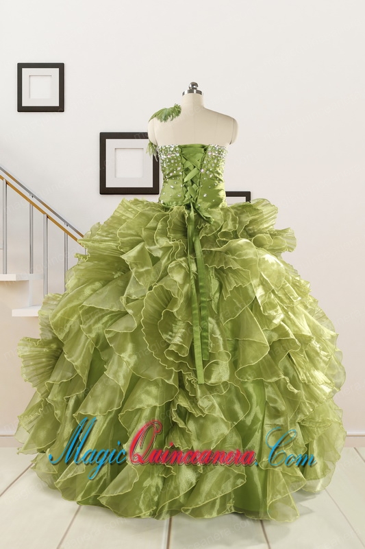 Inexpensive Olive Green Dresses for Quince with Beading and Ruffles