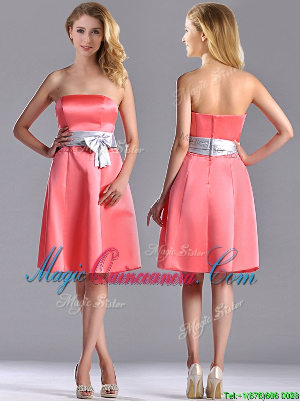 triumph Best Selling Watermelon Knee Length Dama Dress with Silver Bowknot