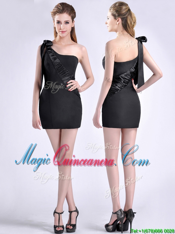 triumph Sexy Column One Shoulder Bowknot Black Dama Dress in Satin