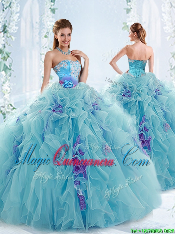 triumph Couture Applique and Ruffled Detachable Quinceanera Dresses in Aqua Blue