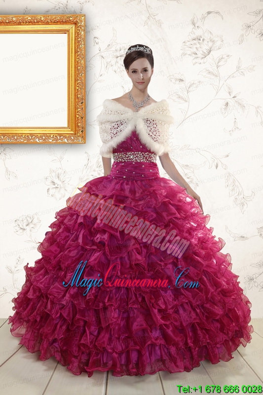 2015 Burgundy Quinceanera Gown with Beading and Ruffles