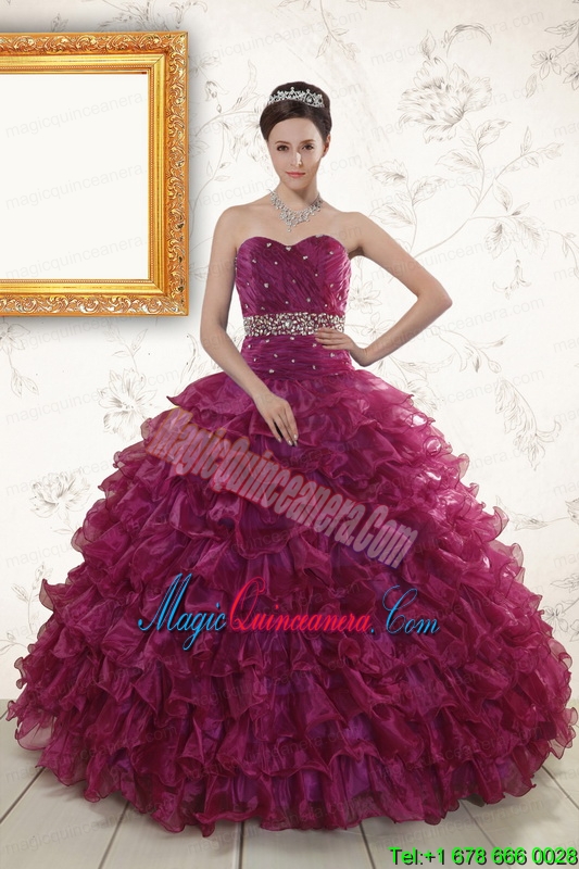 2015 Burgundy Quinceanera Gown with Beading and Ruffles