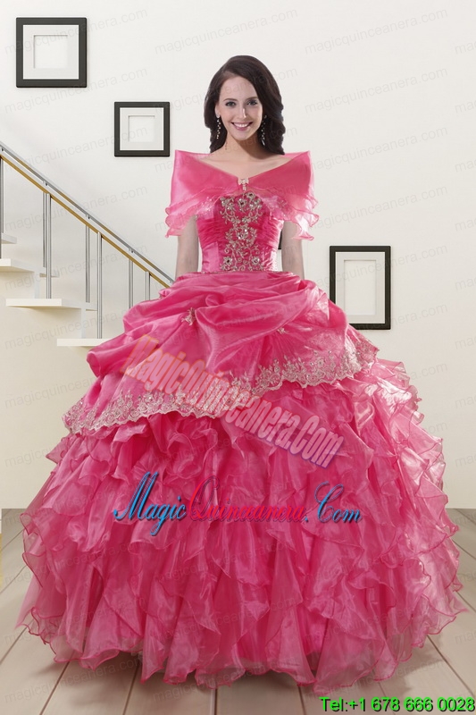 Appliques and Ruffles 2015 Hot Pink Quinceanera Gowns