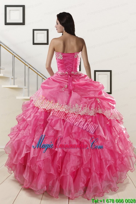 Appliques and Ruffles 2015 Hot Pink Quinceanera Gowns