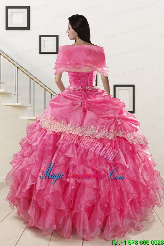 Appliques and Ruffles 2015 Hot Pink Quinceanera Gowns