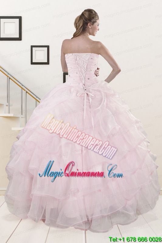 2015 Cute Baby Pink Quinceanera Dresses with Beading and Ruffles