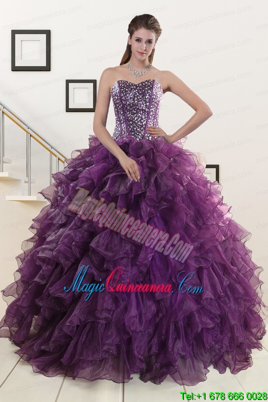 2015 Luxurious Beading and Ruffles Quinceanera Dresses in Purple