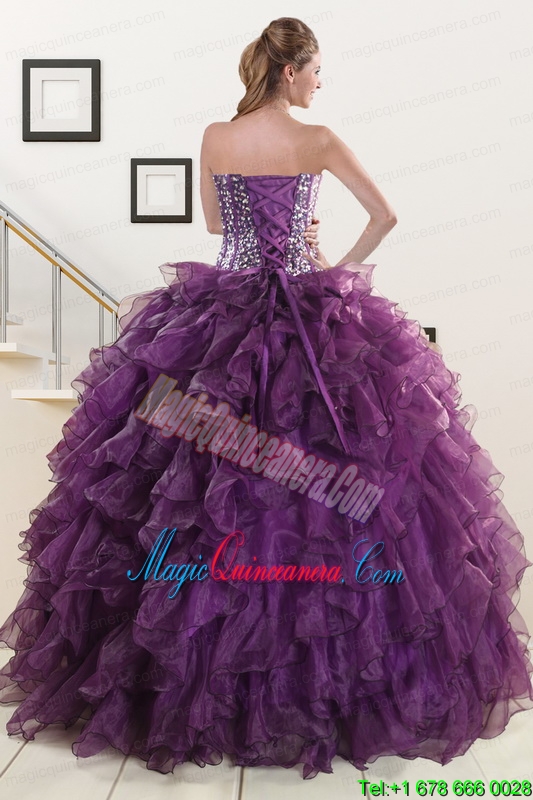 2015 Luxurious Beading and Ruffles Quinceanera Dresses in Purple