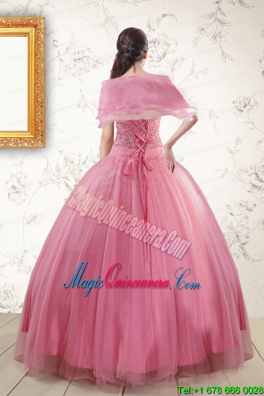 2015 Pretty Pink Quinceaneras Dresses with Appliques and Beading