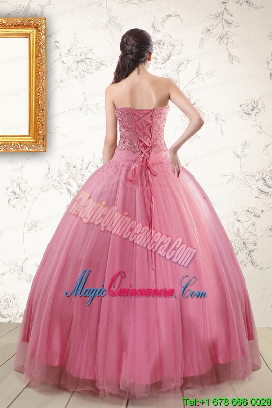 2015 Pretty Pink Quinceaneras Dresses with Appliques and Beading