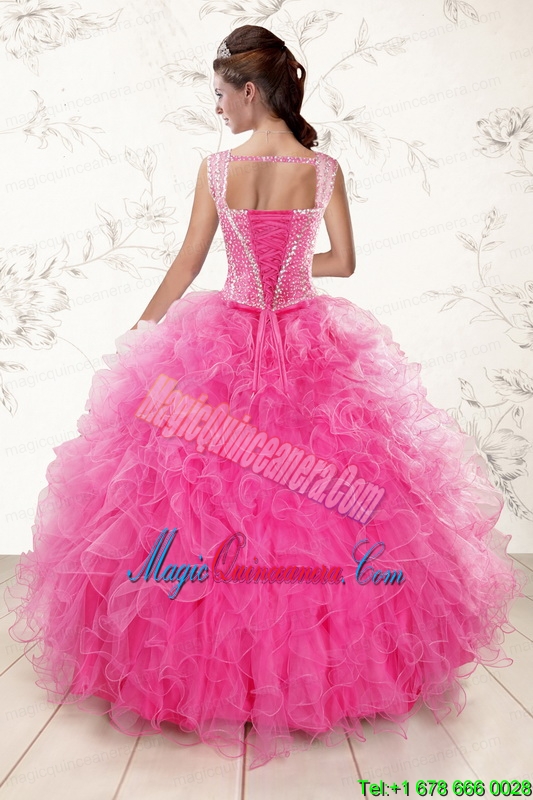 2015 Pretty Straps Hot Pink Quinceanera Dresses with Beading