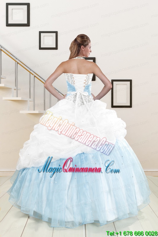 2015 White and Blue Ball Gown Quinceanera Dress with Halter