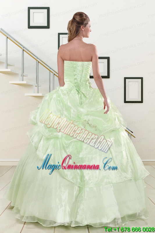 2015 Cheap Strapless Yellow Green Quinceanera Gowns with Beading
