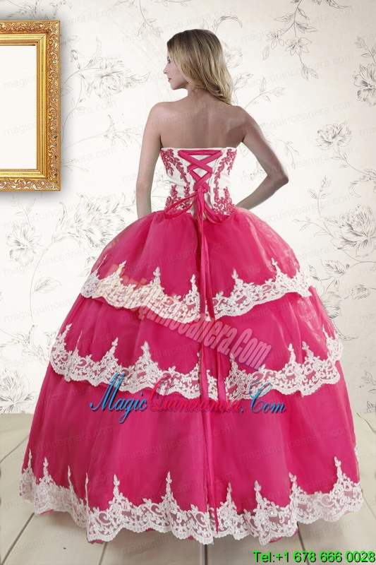 2015 Hot Pink Strapless Quinceanera Dresses with Appliques