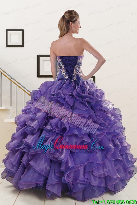 2015 Prefect Purple Sweet 15 Dresses with Embroidery and Ruffles