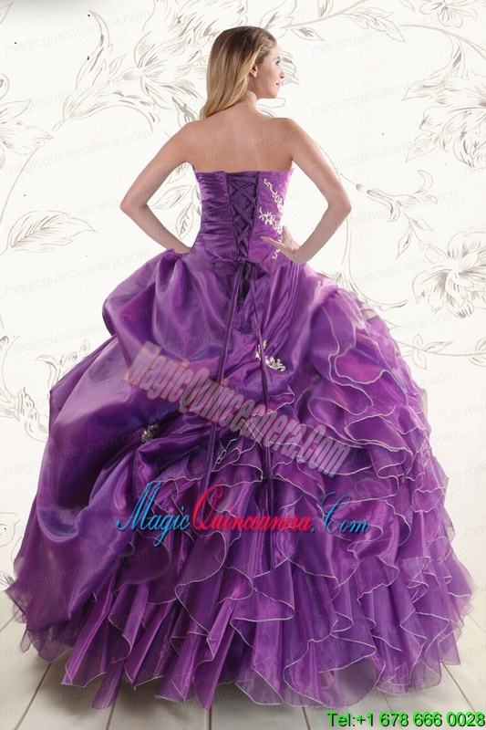 2015 Romantic Purple Ball Gown Quinceanera Dress with Appliques and Ruffles