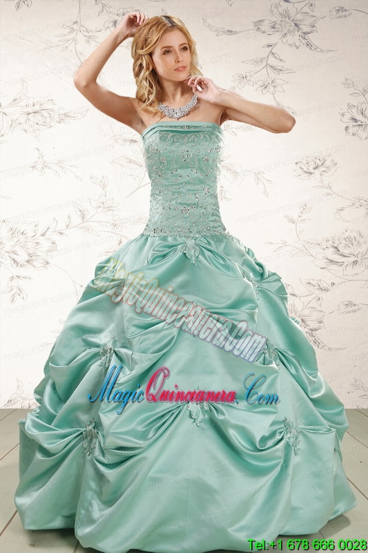 Cheap Turquoise Quinceanera Dresses with Appliques and Pick Ups