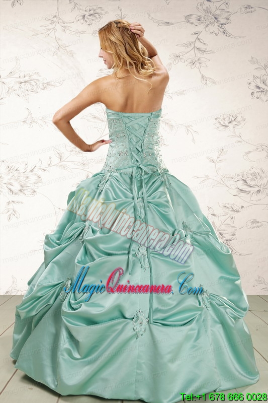 Cheap Turquoise Quinceanera Dresses with Appliques and Pick Ups