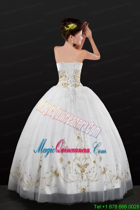White Strapless 2015 Quinceanera Dress with Beading and Embroidery