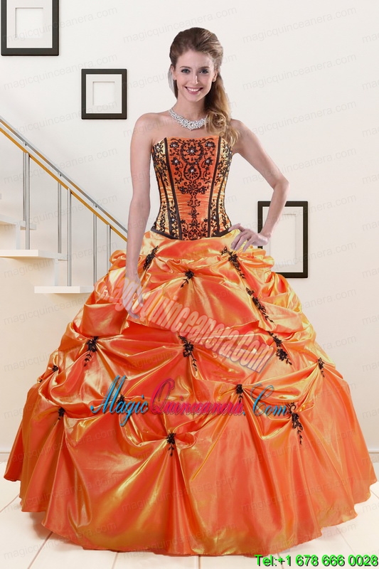 2015 Exclusive Appliques Quinceanera Dresses in Orange Red and Black
