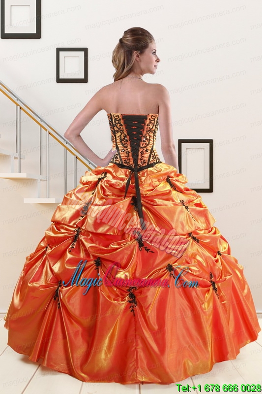 2015 Exclusive Appliques Quinceanera Dresses in Orange Red and Black
