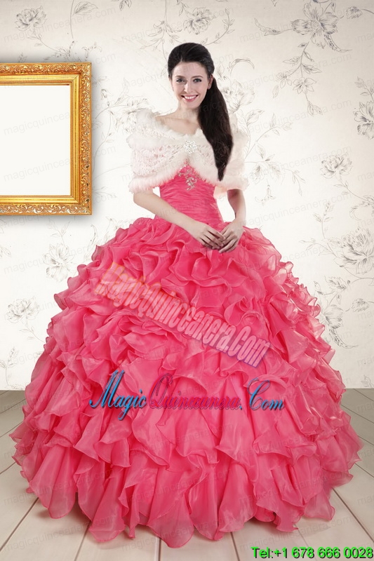 2015 Hot Pink Strapless Quinceanera Dresses with Beading and Ruffles