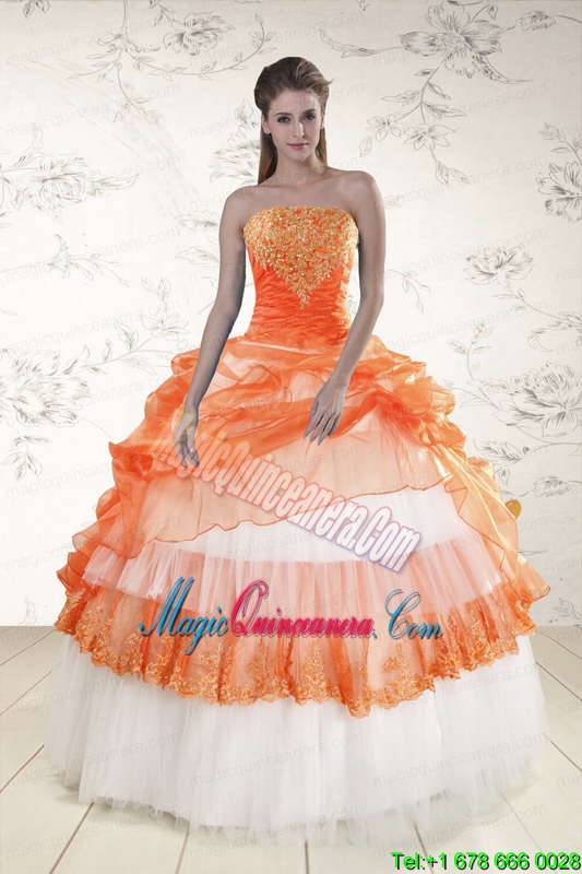 2015 Perfect Strapless Orange Quinceanera Dresses with Beading and Appliques