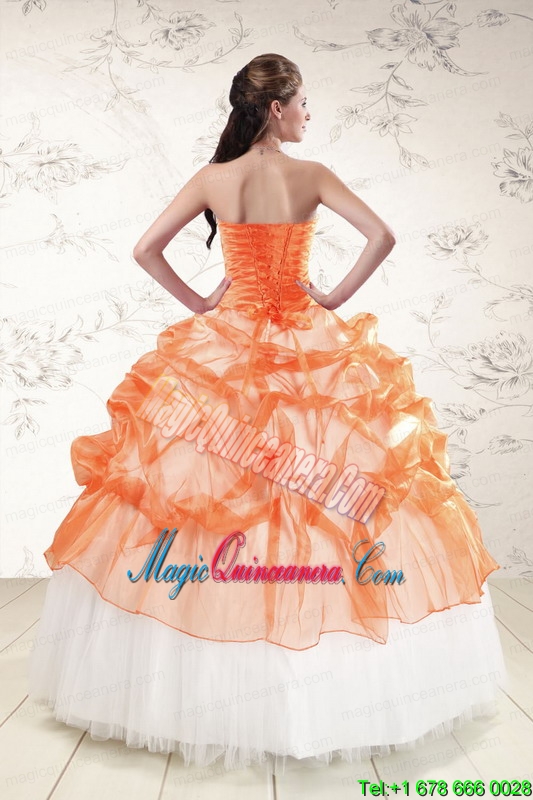 2015 Perfect Strapless Orange Quinceanera Dresses with Beading and Appliques